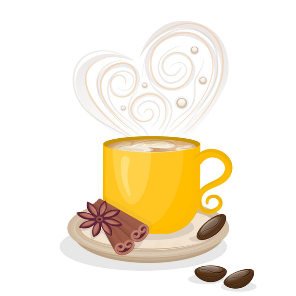 Een kopje koffie met kaneel en granen geïsoleerd op een witte achtergrond. Aromatische koffie met stoom in de vorm van een hart. Een kopje op een schotel met kaneel en een paar korrels. Vectorillustratie. - Vector, afbeelding
