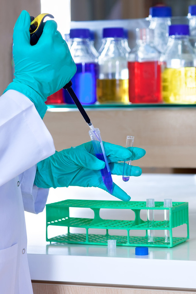 Lab technician wearing gloves using a pipette.  - Photo, image