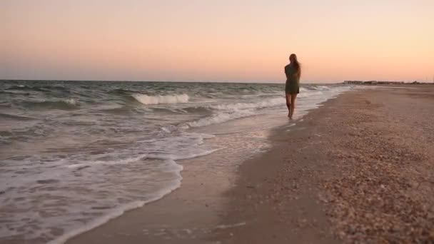 mujer camina en la playa a lo largo de la orilla del mar en tanga bikini bragas con un botín desnudo - Metraje, vídeo