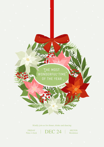 Рождественский бал с луком, пуансеттьями, ягодами падуба, рябинами, зимними растениями, сосновыми ветвями. Xmas-векторная иллюстрация - Вектор,изображение