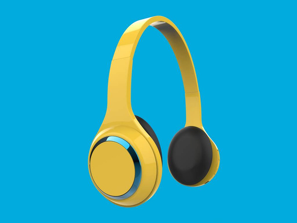 Μοντέρνα κίτρινα λεπτά ασύρματα ακουστικά με μπλε μεταλλικές λεπτομέρειες - side view - Φωτογραφία, εικόνα