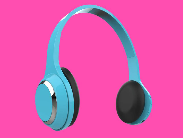 Moderne lichtblauwe slanke draadloze hoofdtelefoon met zilveren details op roze achtergrond - zijaanzicht - Foto, afbeelding