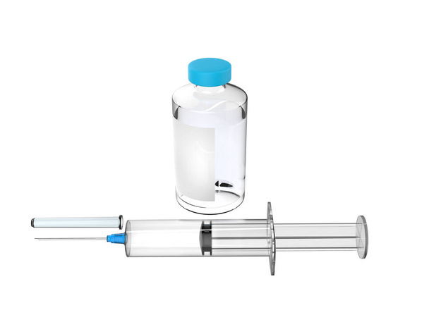 Medizinische Spritze mit blauer Nadel und kleinem Fläschchen mit Medikamenten (Impfstoff)) - Foto, Bild