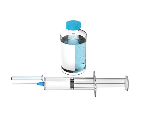 Jeringa médica con aguja azul y vial de vidrio pequeño de medicamento (vacuna) - Foto, imagen