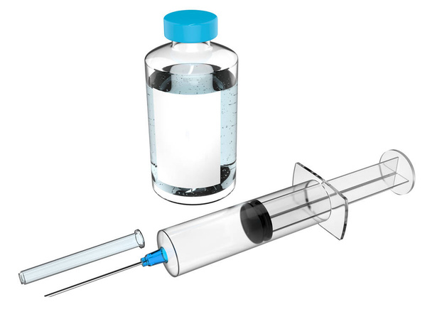 Ιατρική σύριγγα με μπλε βελόνα και μικρό γυάλινο φιαλίδιο φαρμάκου (εμβόλιο) - κοντινό πλάνο - Φωτογραφία, εικόνα
