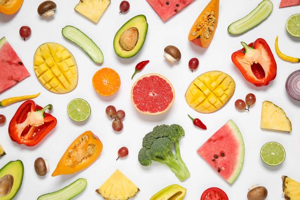 Composition with fresh organic fruits and vegetables on white background, top view - Fotoğraf, Görsel