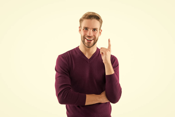 The man is wearing a purple jumper. happy and inspired man. idea what to wear. your own stylist. Dressed in jumper isolated on white. male beauty portrait. Charming handsome - Valokuva, kuva