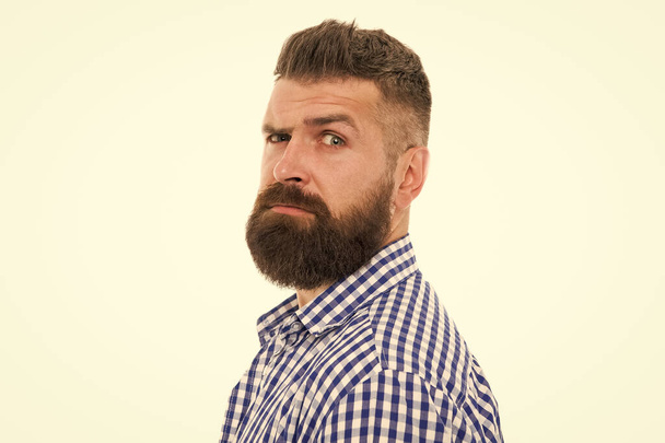Doubtful expression. Wait what. Man serious face raising eyebrow not confident. Have some doubts. Hipster bearded face not sure in something. Doubtful bearded man on white background close up - Photo, Image