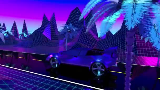 Filmación retro violeta y azul con coche en una carretera, palmeras y montañas - diseño futurista adecuado para los años 80. Animación digital 3D con resolución 4k - 3840 x 2160 px. - Metraje, vídeo