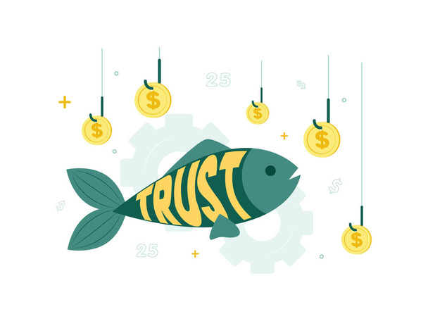 Financiën. Vertrouwen, fiduciaire diensten. Vis met het woord Vertrouwen in de buurt van dollar munten op haken. Vectorillustratie. - Vector, afbeelding
