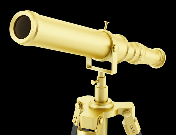 золотий телескоп на тринозі ізольований на чорному фоні
 - Фото, зображення
