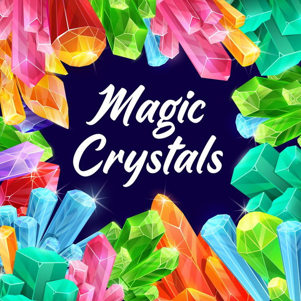 Magic crystals, fairy gemstones and fantasy minerals. Mystical treasures, magical stones shining in dungeon or cave vector. Illuminating with mysterious light crystals, fairy charmed jewels - Vector, Image