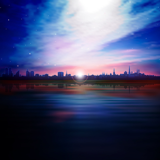 abstract nature background with silhouette of city and sunset - Vector, Image