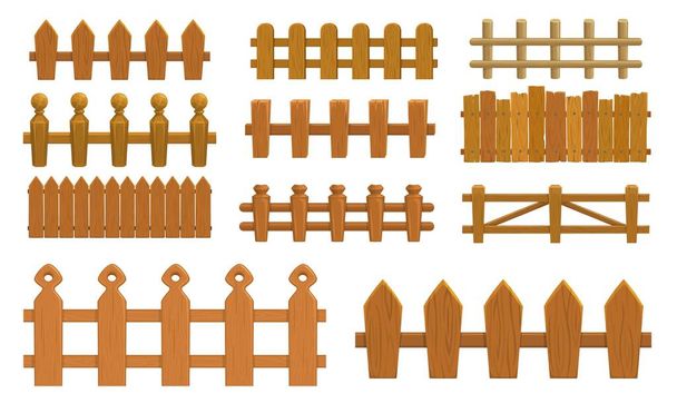 Cartoon fence, wooden palisade vector farm gates or balustrade with pickets. Enclosure railing, banister or fencing sections with decorative pillars. Wood garden border balusters isolated elements set - Vector, Image