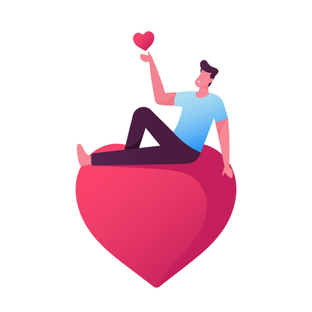 Male Character in Love Dreaming, Man Holding in Hands and Sitting on Heart. Happy Lover, Valentines Day, Dating, Romance - Vector, Image