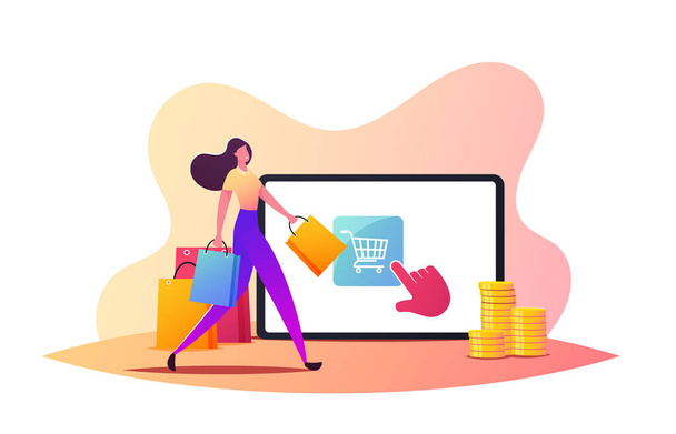 Einkauf mit einem Klick, Online-Shopping-Konzept. Winzige weibliche Kundenfigur läuft mit Taschen in der Nähe von riesigem Tablet-Bildschirm - Vektor, Bild