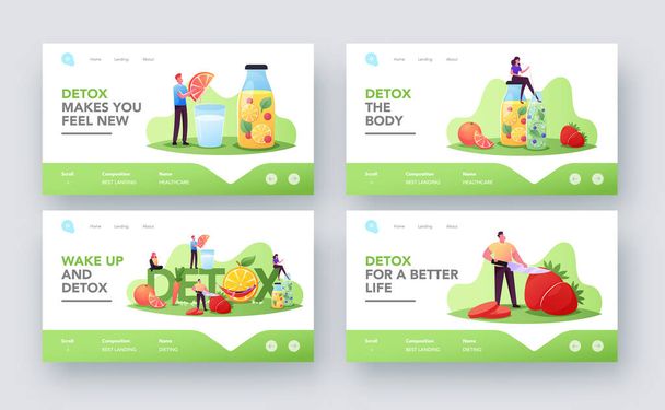 Detox Landing Page Template Set. Tiny Characters Cooking and Drinking Smoothies of Fresh Organic Fruits and Vegetables - Vector, Image