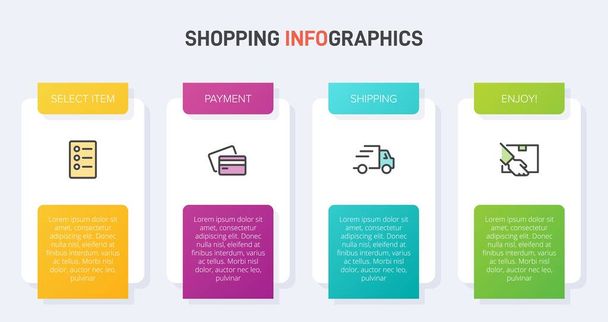 Concept of shopping process with 4 successive steps. Four colorful graphic elements. Timeline design for brochure, presentation, web site. Infographic design layout. - Vettoriali, immagini