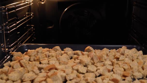 Krutonok elkészítése kenyérből a sütőben. szárított a kemencében break kockák - Felvétel, videó