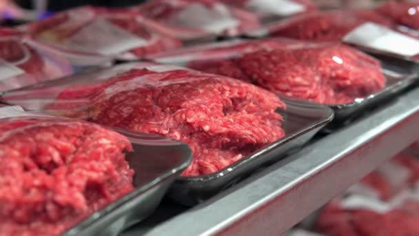 carne macinata cruda sugli scaffali di un primo piano dell'ipermercato. vendita di carni fresche - Filmati, video
