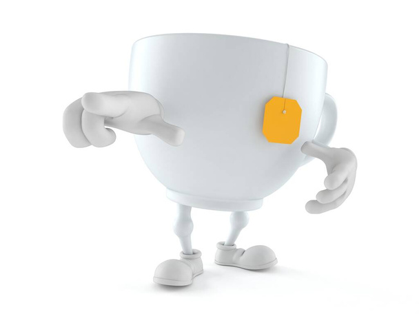 Tazza di tè carattere puntando dito isolato su sfondo bianco. Illustrazione 3d - Foto, immagini