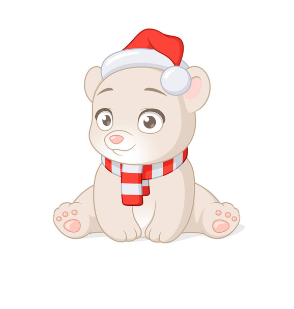 Cute polar baby bear in Christmas Santa Claus hat. Vector cartoon illustration. - Vector, Image
