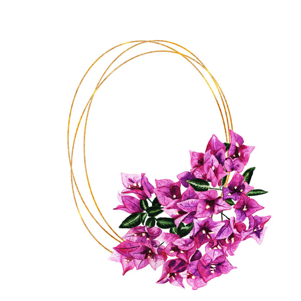Golden geometric frame with flowers of bougainvillea - Φωτογραφία, εικόνα