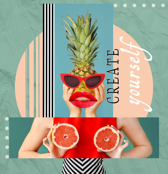 Creative collage with beautiful young woman and tropical fruits on color background - Foto, Imagen