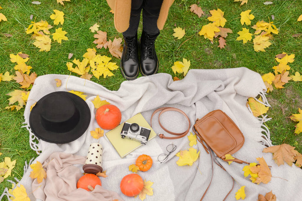 Female accessories with book and photo camera on plaid in autumn park - Photo, Image