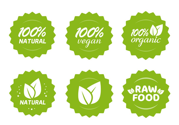 Organic natural, vegan and raw food nutrition icon label vector stickers with leaves set, 100 percent healthy meal, modern green badge for product packaging isolated tags collection - Vetor, Imagem