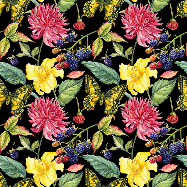 Nahtlose Muster von Schmetterlingen, Dahlien, Lilien, Brombeeren, Blättern. Aquarell floraler Hintergrund - Foto, Bild