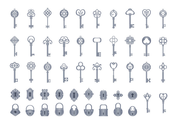 Vintage keys with locks set. Openwork exclusives to close secrets vintage for safes doors classic medieval style for opening treasure chests ornaments reliable security. Vector decoration. - Vektori, kuva