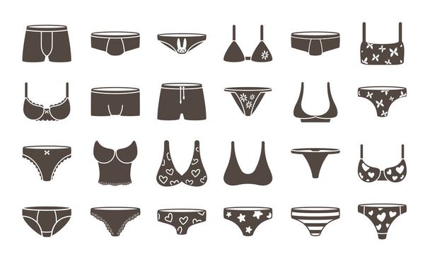 Mens and womens underwear monochrome set. Bodycon bikini glamorous thongs swim shorts and and mini lace panties bra with hearts elegant sensual textiles with picture. Cartoon vector. - Vektor, kép