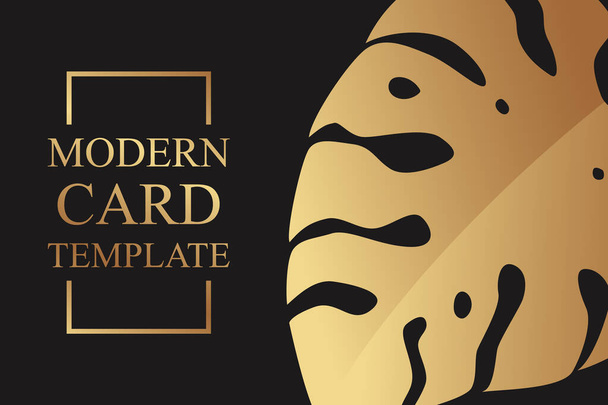 Moderne Luxus-Kartenvorlage für Business oder Präsentation mit goldenem tropischen Monstera-Blatt auf schwarzem Hintergrund. - Vektor, Bild