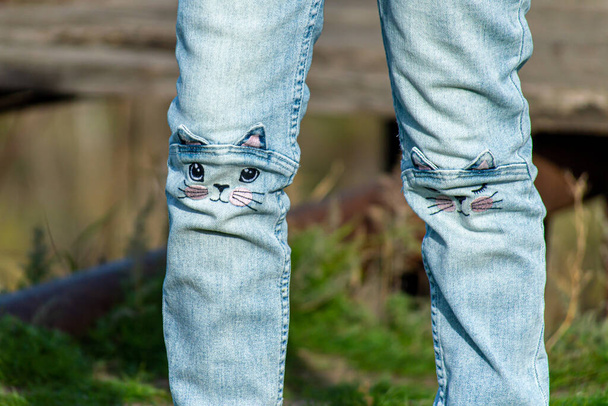 Смешные джинсы с кетти-принтом  - Фото, изображение