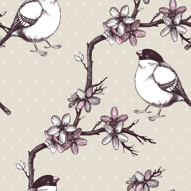 Patrón sin costura vintage vectorial con ramita de árbol frutal floreciente dibujado a mano y aves
 - Vector, imagen
