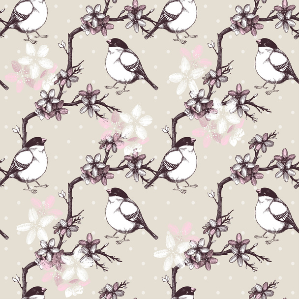 Vintage seamless pattern with hand drawn blooming fruit tree twig and birds - Vecteur, image