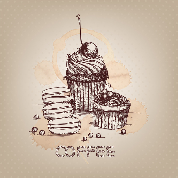 Hand drawn cupcake illustration on spotted background - Vecteur, image