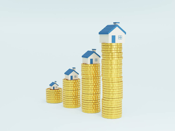 スタックコインと家の3D 。住宅やローンを購入するお金や投資を節約する。投資財産の概念. - 写真・画像