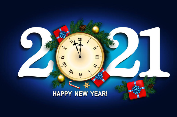 2021 κάρτα Πρωτοχρονιάς με ρολόι, κουτί δώρου, ζαχαροκάλαμο καραμέλα, κλαδιά πεύκου διακοσμημένα, χρυσά αστέρια και φυσαλίδες - Διάνυσμα, εικόνα