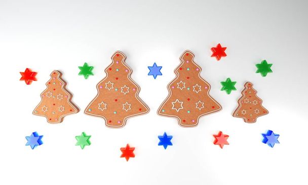 Plätzchen im Weihnachtsbaum von Thomas. Bunte Süßigkeiten in Form eines Sternes. 3D-Modellierung und Visualisierung von Weihnachtsgebäck auf weißem Hintergrund. 3D-Rendering. Neujahrsgebäck, Dekoration - Foto, Bild