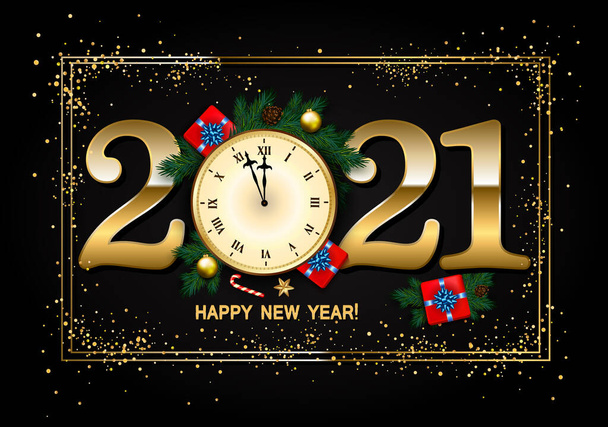 2021 Ano Novo Fundo com relógio, caixa de presente, cana-de-açúcar, ramos de pinho decorados. Ilustração vetorial - Vetor, Imagem