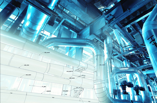 Рисунок конструкции трубопроводов в сочетании с фотографией промышленного оборудования
 - Фото, изображение