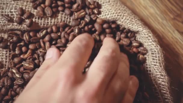 câmera lenta da mão masculina tocando grãos de café torrados - Filmagem, Vídeo