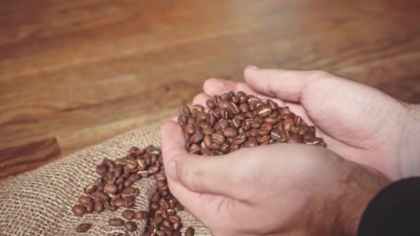 slow motion of male hands touching roasted coffee beans - Footage, Video