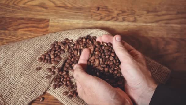 férfi kezek lassított mozgása pörkölt kávébabbal - Felvétel, videó