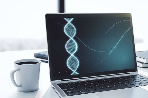 Creative light DNA illustration on modern computer monitor, science and biology concept. 3D Rendering - 写真・画像