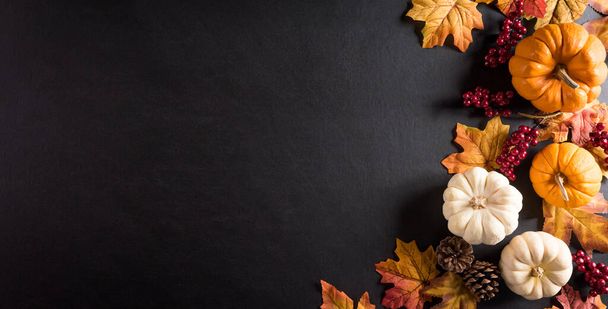 Thanksgiving achtergrond decoratie van droge bladeren, rode bessen en pompoen op schoolbord achtergrond. Flat lay, bovenaanzicht voor herfst, herfst, Thanksgiving concept. - Foto, afbeelding