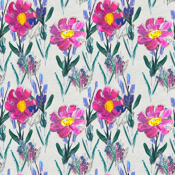 Seamless pattern with flowers. Watercolor or acrylic painting. Hand drawn floral background. - Фото, зображення
