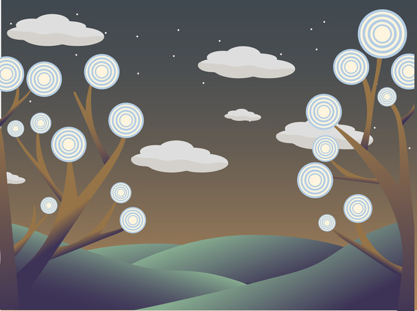 Abstract trees surrounding hill countryside night stars - Vector, Image